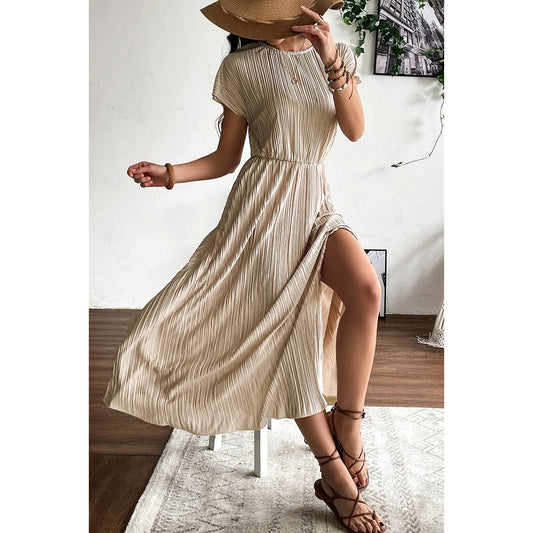 Ruched Round Neck Fit Solid Side Open Dress | Dress - Women's | 2402, Dress, F, LK, maxi dress, new arrival | Elings