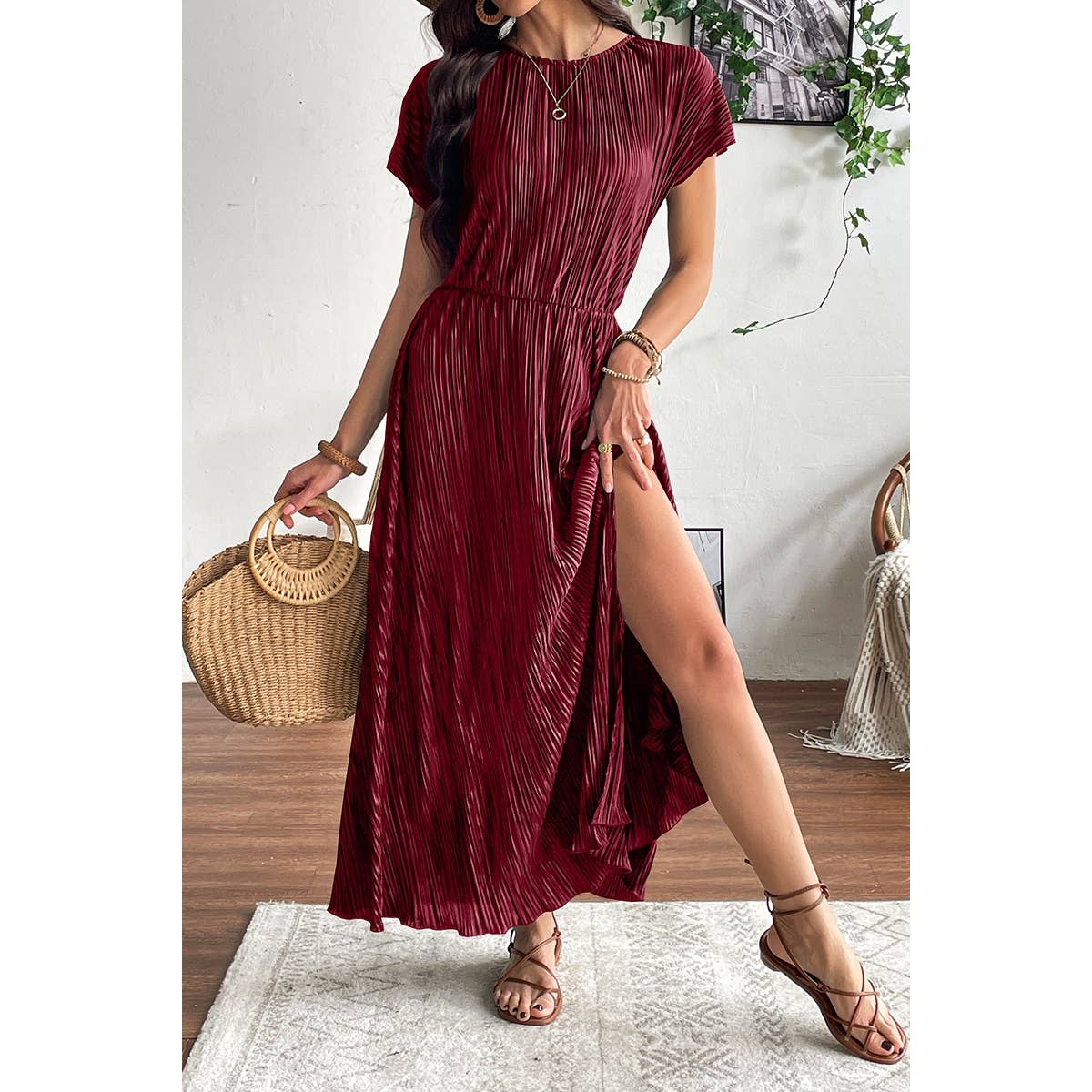 Ruched Round Neck Fit Solid Side Open Dress