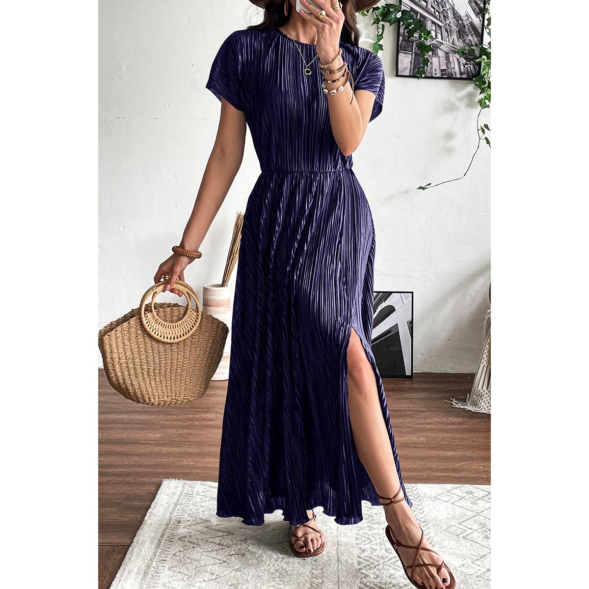 Ruched Round Neck Fit Solid Side Open Dress