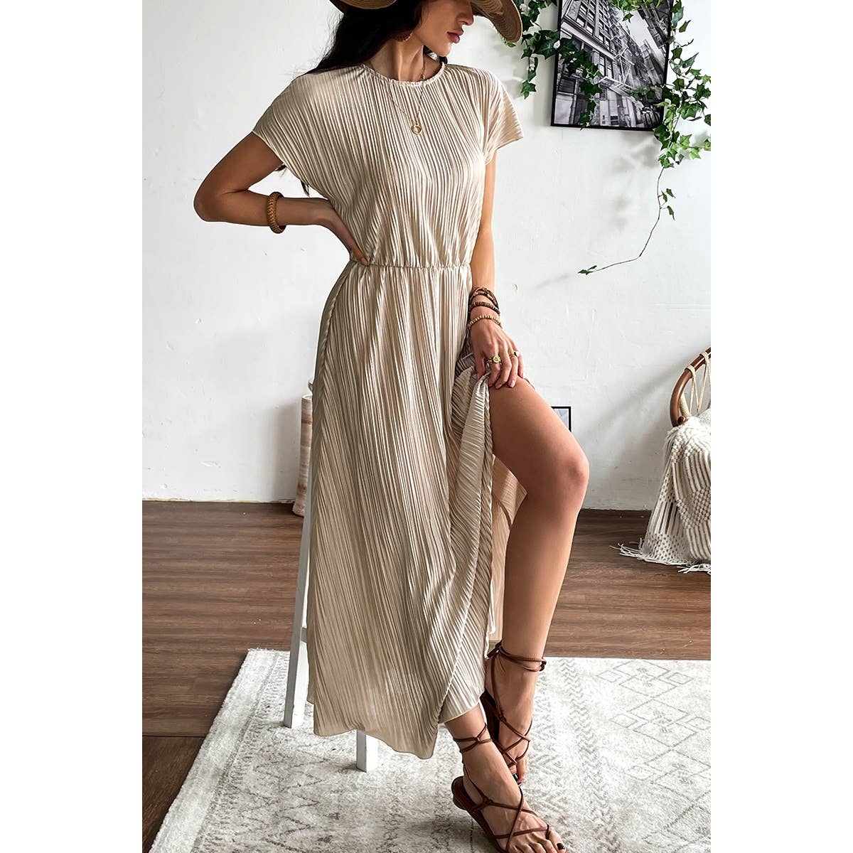 Ruched Round Neck Fit Solid Side Open Dress