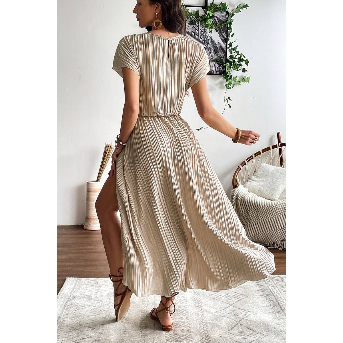 Ruched Round Neck Fit Solid Side Open Dress