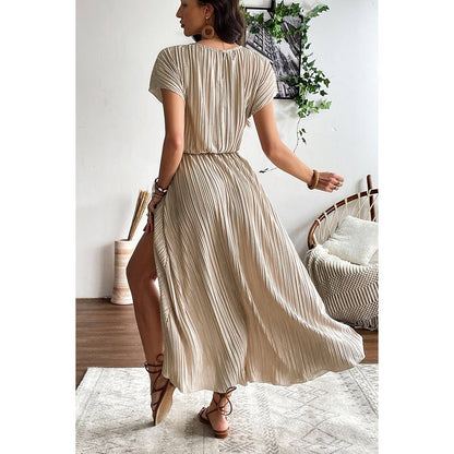 Ruched Round Neck Fit Solid Side Open Dress
