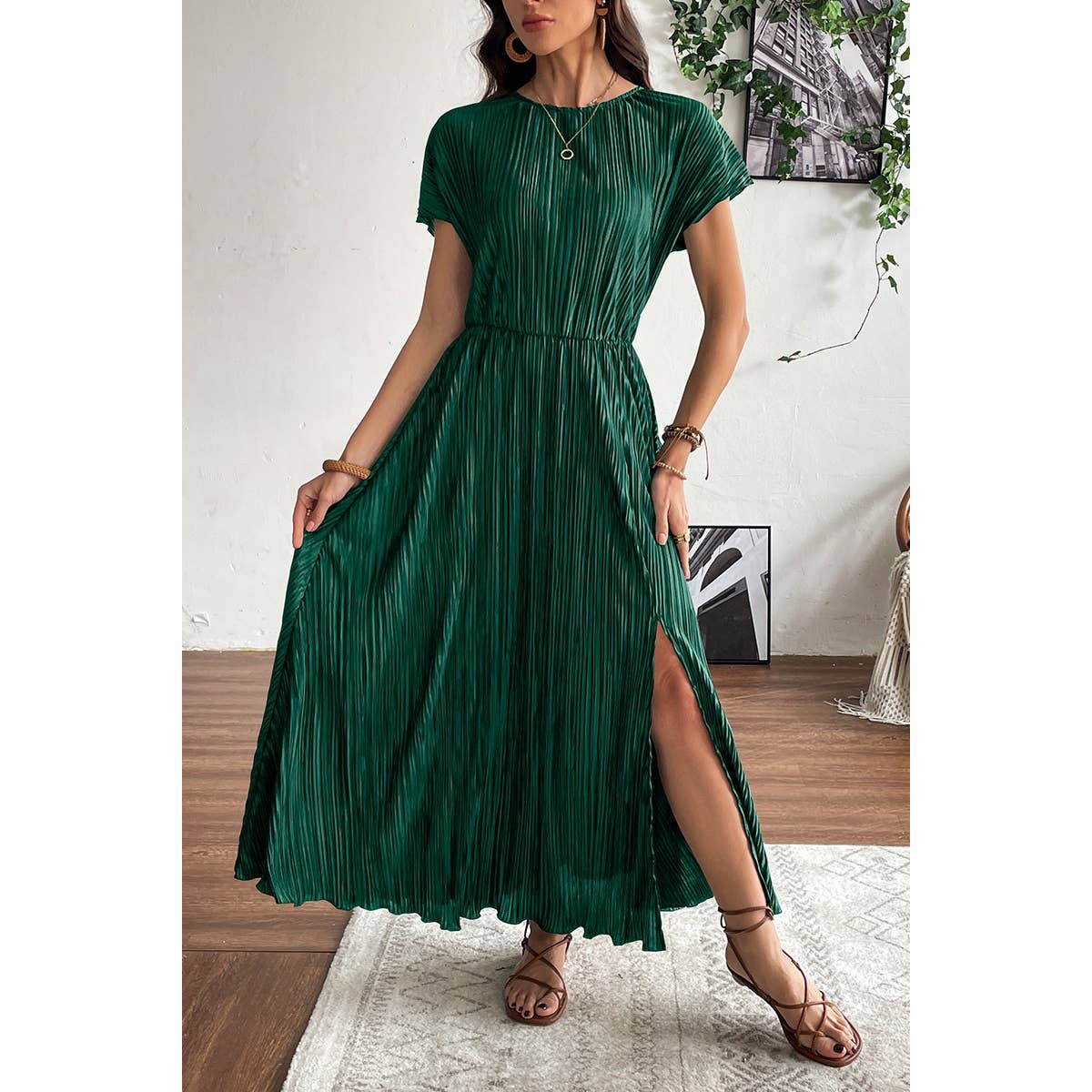 Ruched Round Neck Fit Solid Side Open Dress