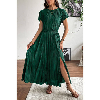 Ruched Round Neck Fit Solid Side Open Dress