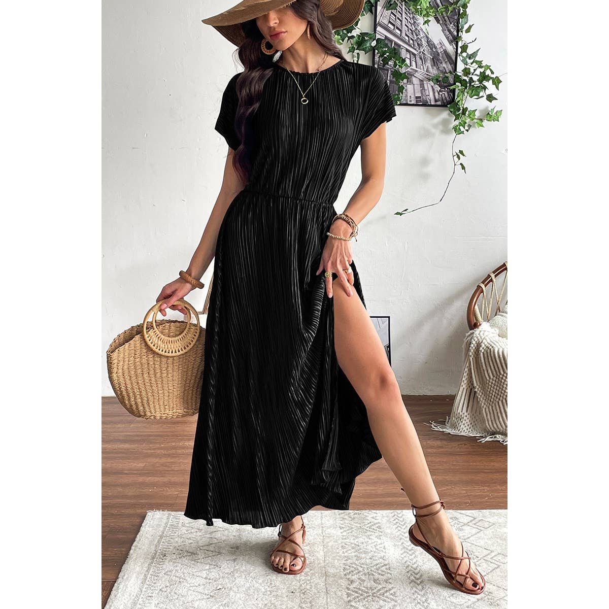 Ruched Round Neck Fit Solid Side Open Dress