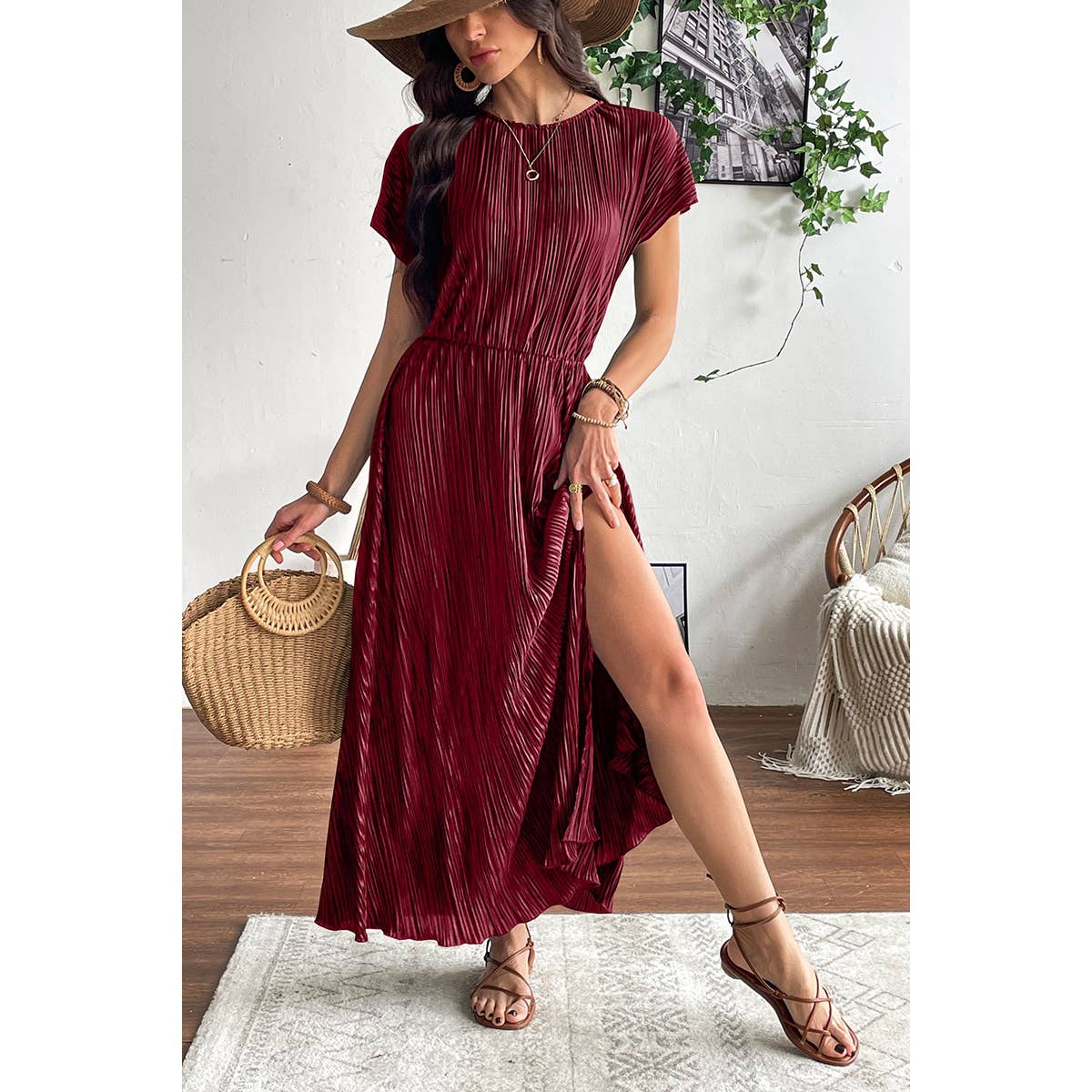 Ruched Round Neck Fit Solid Side Open Dress