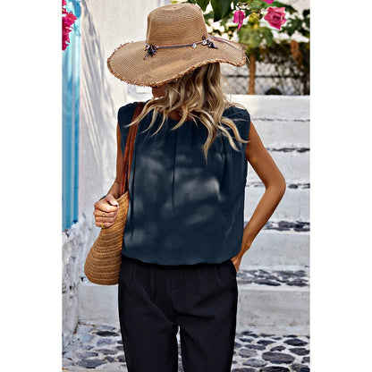 Ruched Sleeveless Loose Fit Solid Round Neck Top