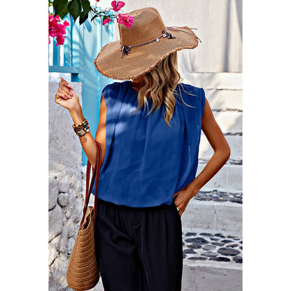 Ruched Sleeveless Loose Fit Solid Round Neck Top