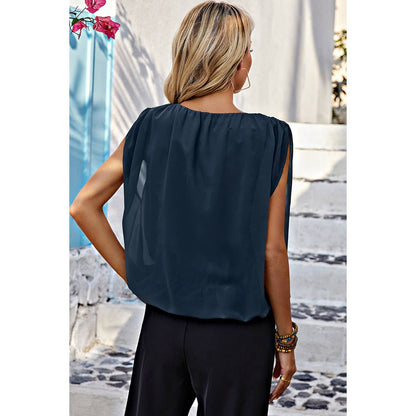 Ruched Sleeveless Loose Fit Solid Round Neck Top