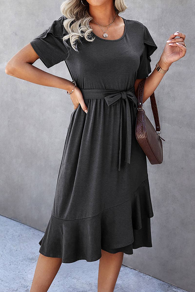 Scoop Neck Short Sleeve Midi Dress - Elings