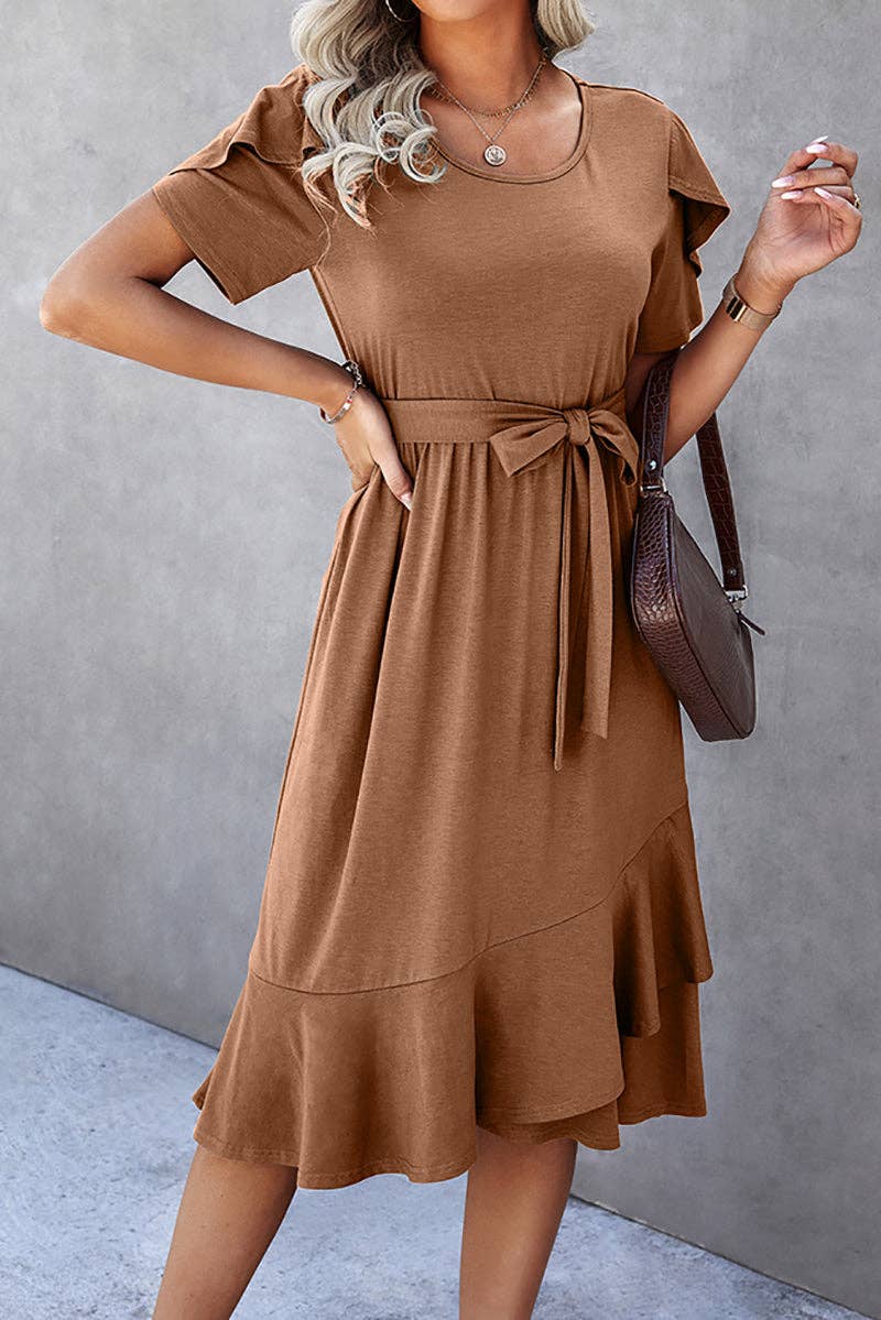Scoop Neck Short Sleeve Midi Dress - Elings