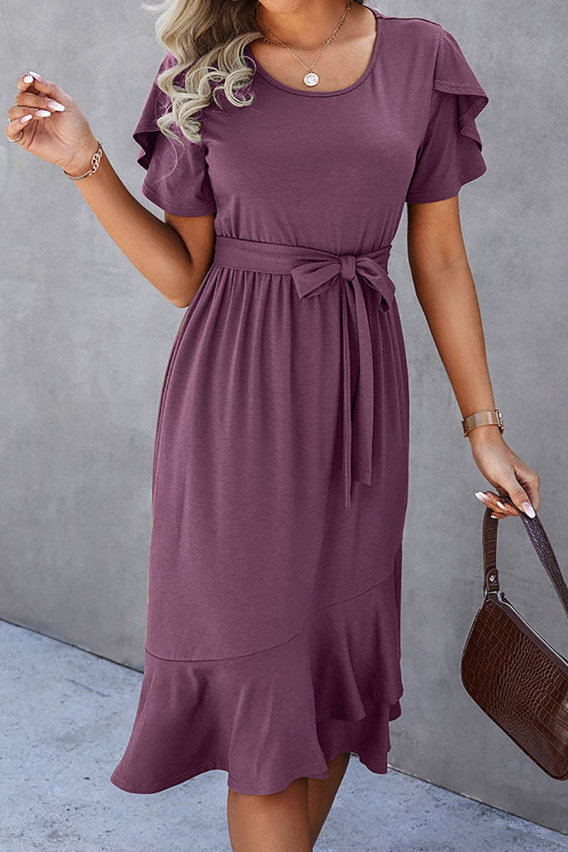Scoop Neck Short Sleeve Midi Dress - Elings