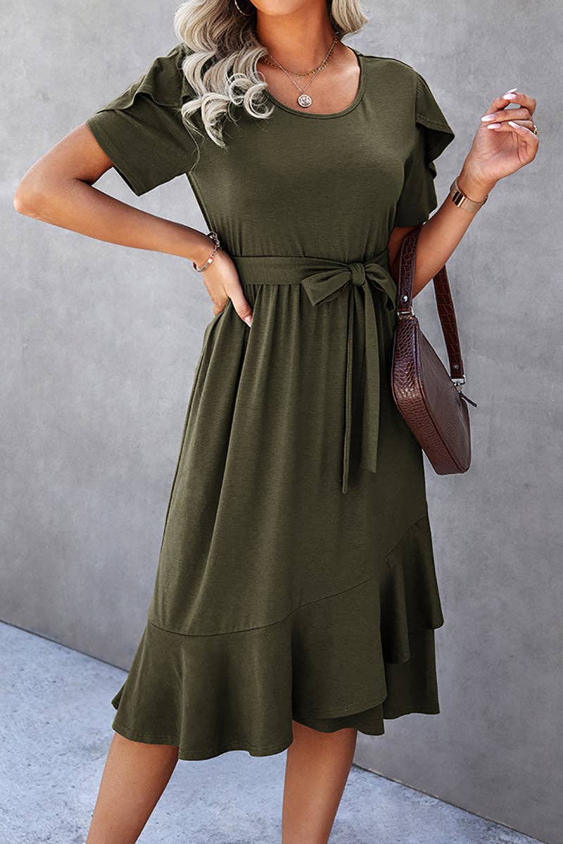 Scoop Neck Short Sleeve Midi Dress - Elings