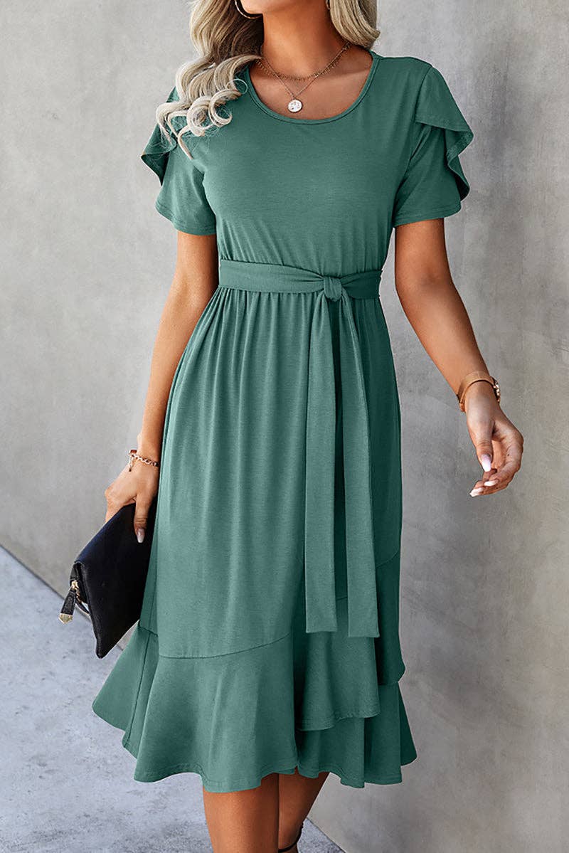 Scoop Neck Short Sleeve Midi Dress - Elings