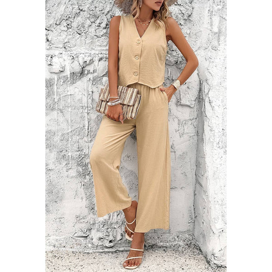 Sleeveless Button Deep V Neck Pockets Solid Sets - MVTFASHION.COM