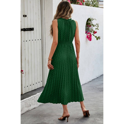 Sleeveless Dot Print Cross Fit Pleated Dress - Elings