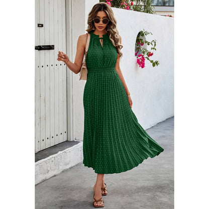 Sleeveless Dot Print Cross Fit Pleated Dress - Elings