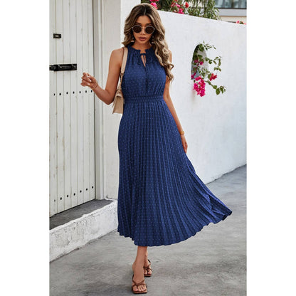Sleeveless Dot Print Cross Fit Pleated Dress - Elings