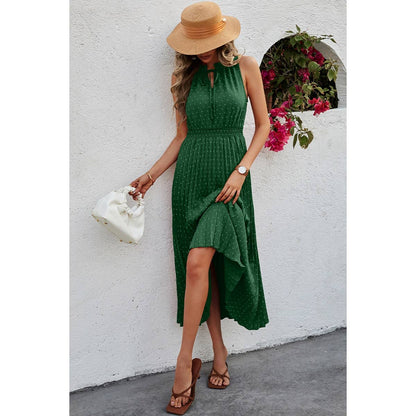 Sleeveless Dot Print Cross Fit Pleated Dress - Elings