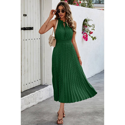 Sleeveless Dot Print Cross Fit Pleated Dress - Elings