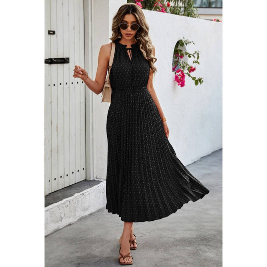 Sleeveless Dot Print Cross Fit Pleated Dress - Elings