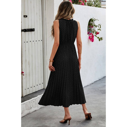 Sleeveless Dot Print Cross Fit Pleated Dress - Elings