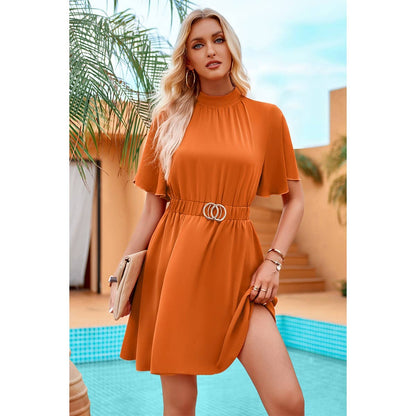 Solid Belt High Neck Belted Skater Dress - Elings