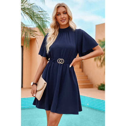 Solid Belt High Neck Belted Skater Dress - Elings