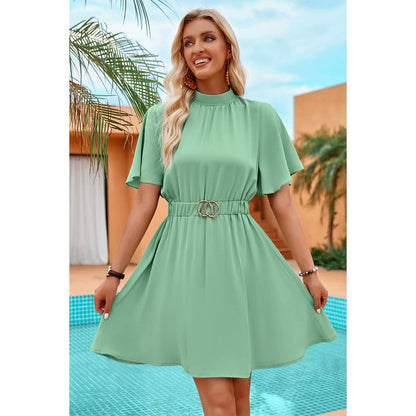 Solid Belt High Neck Belted Skater Dress - Elings