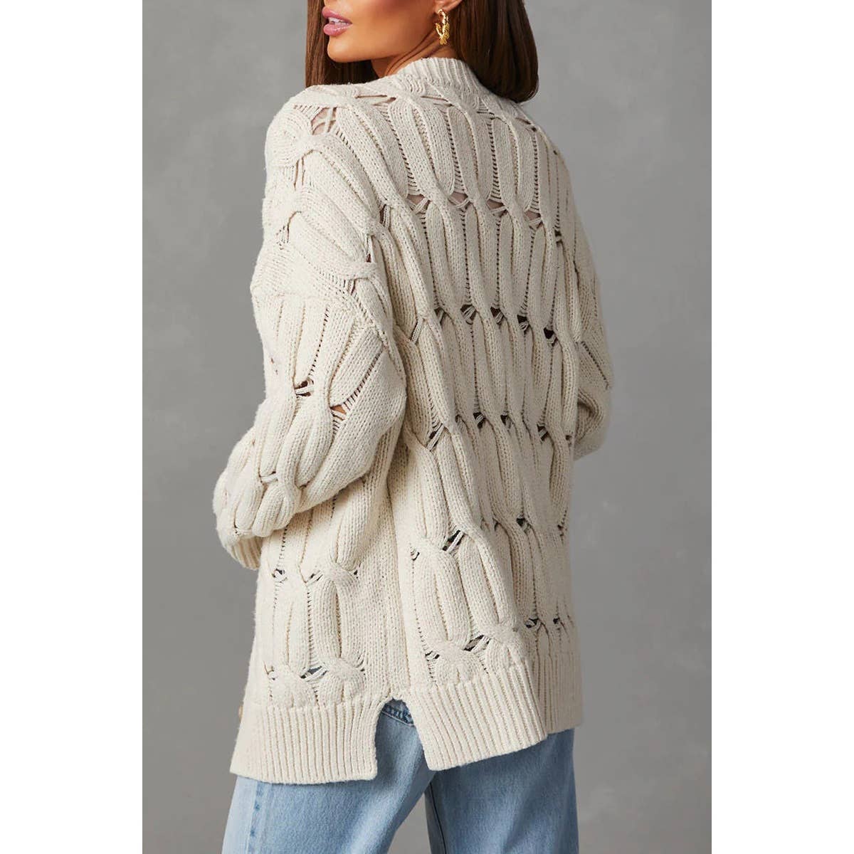 Solid cable knit button down hollow knit cardigan