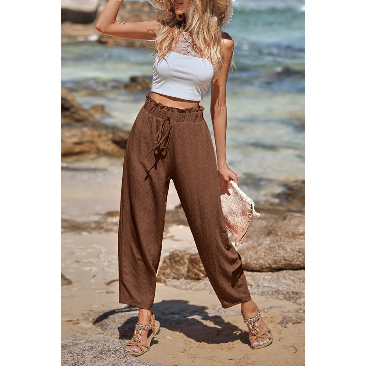 Solid Casual Belt Chiffon Elastic Waist Pants