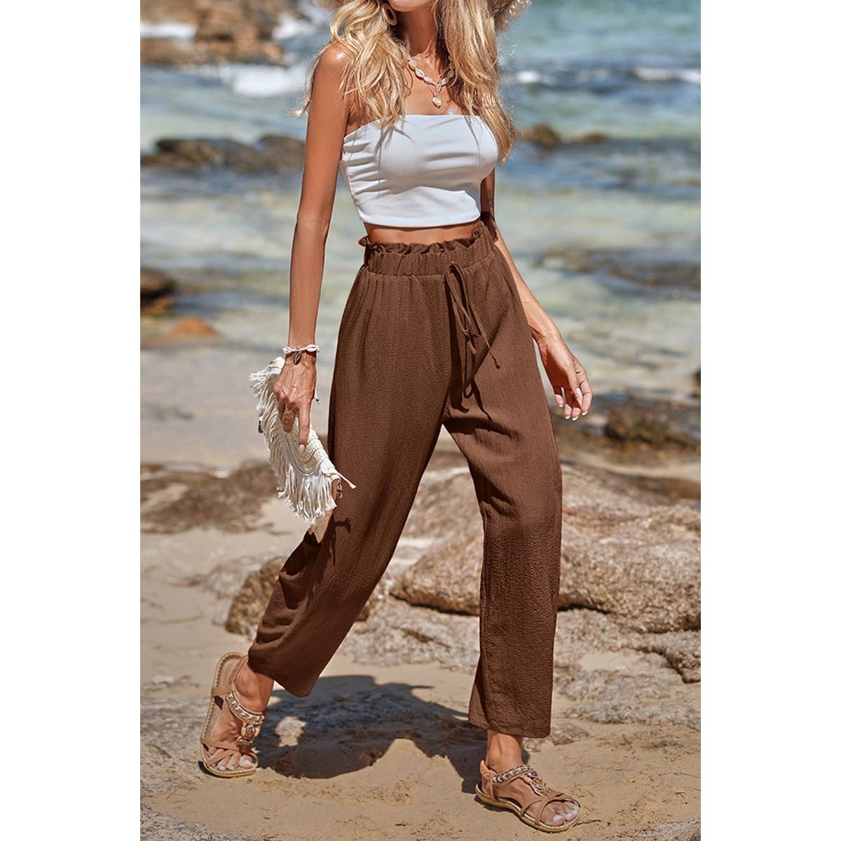 Solid Casual Belt Chiffon Elastic Waist Pants