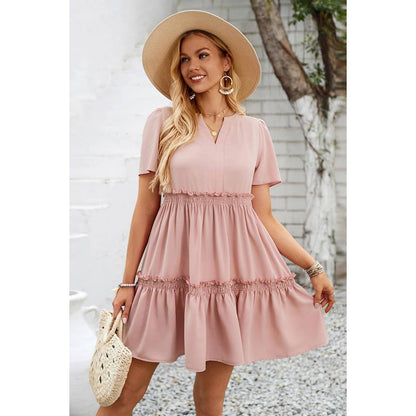 Solid Color Block Ruffle Ruched Loose Midi Dress
