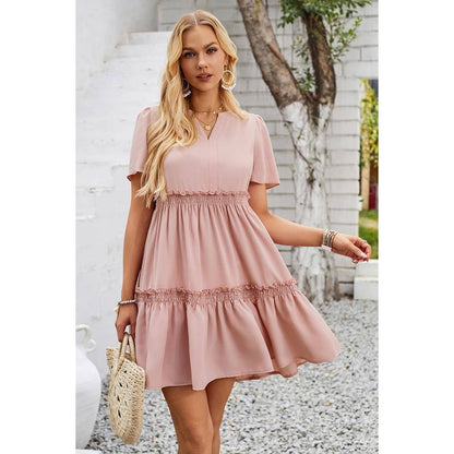 Solid Color Block Ruffle Ruched Loose Midi Dress