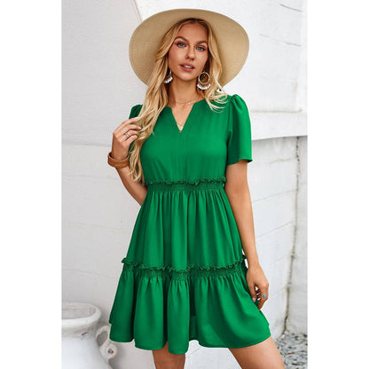 Solid Color Block Ruffle Ruched Loose Midi Dress