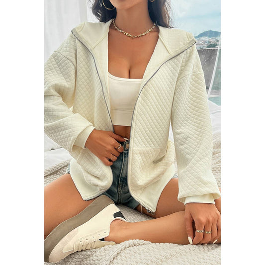 Solid Drop Shoulder Zipper Up Pockets Hooded | Hoodie - Women's | F, Hoodie, new arrival, shoppe247, SWEATER | Elings