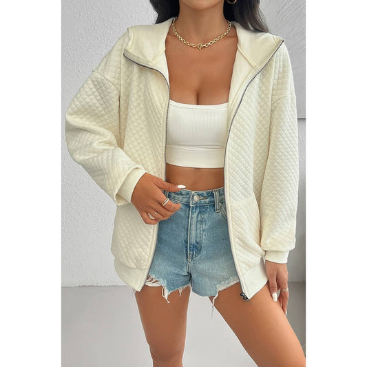 Solid Drop Shoulder Zipper Up Pockets Hooded