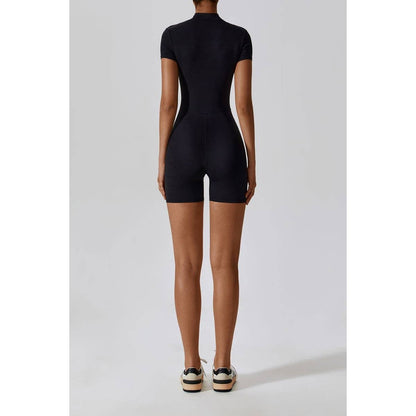 Solid Half Zipper Sculpt Waist Short Sleeve Romper