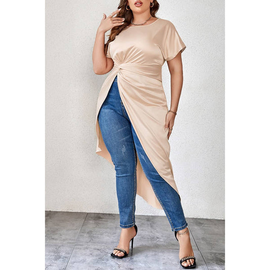 Solid Round Neck Loose Plus Size Knot Shirt