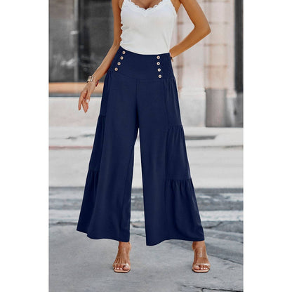 Solid Ruffle Button Wide Leg Pant
