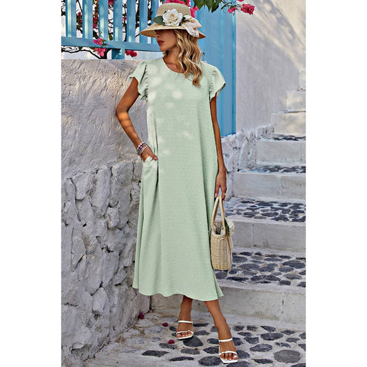 Solid Swiss Dot Ruffle Sleeve Pockets Belt Dress - Elings