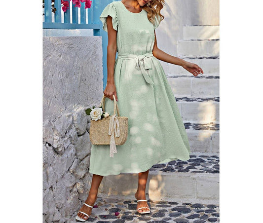 Solid Swiss Dot Ruffle Sleeve Pockets Belt Dress | Dress - Women's | Dress, F, LK, midi dress, new arrival | Elings