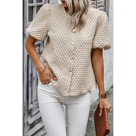 Solid Textured Pearl Button Puff Sleeve Shirt