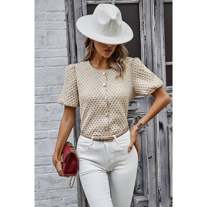 Solid Textured Pearl Button Puff Sleeve Shirt