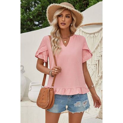 Solid V Neck Ruffle Hem Loose Fit Blouse - Elings