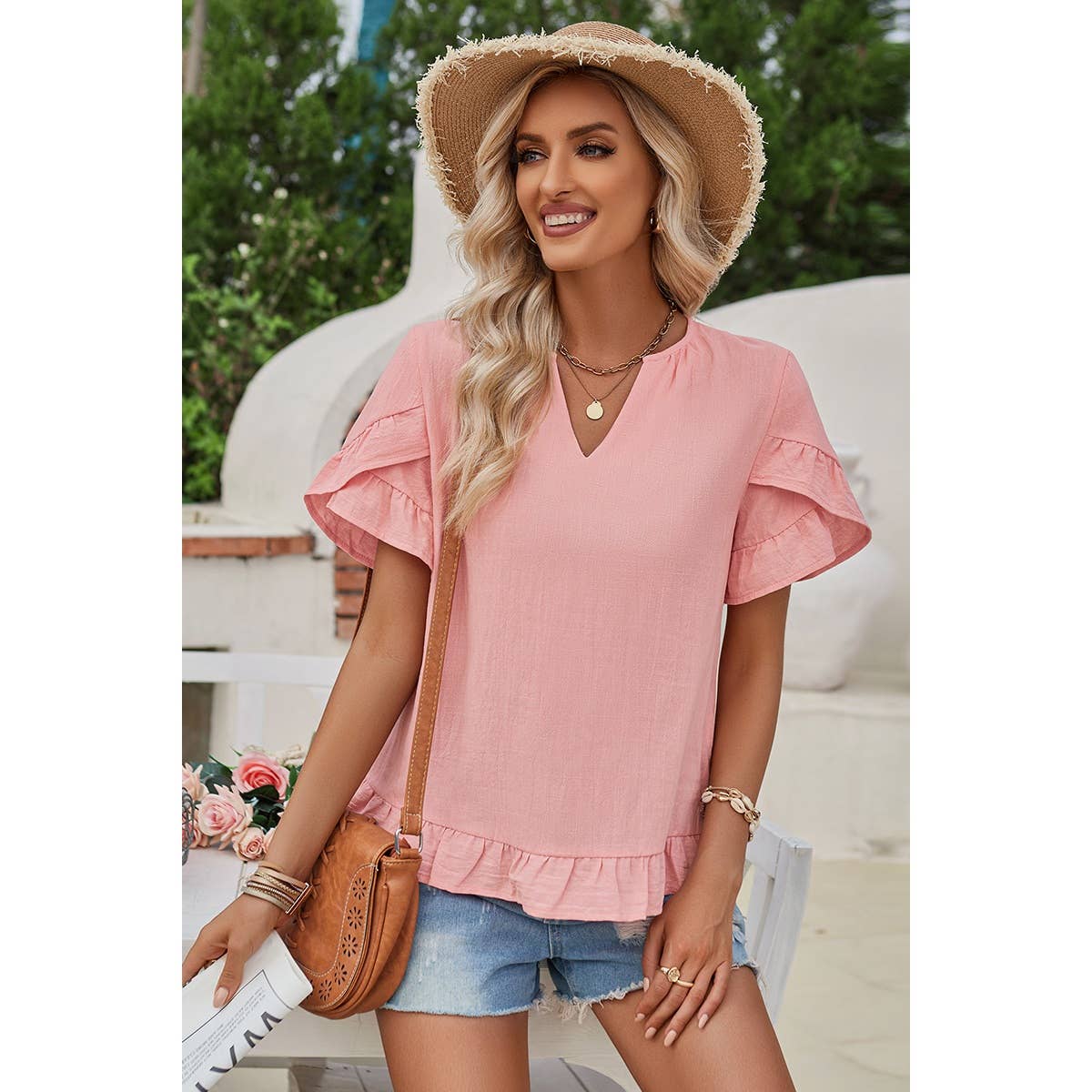 Solid V Neck Ruffle Hem Loose Fit Blouse - Elings