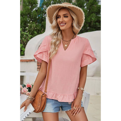 Solid V Neck Ruffle Hem Loose Fit Blouse - Elings