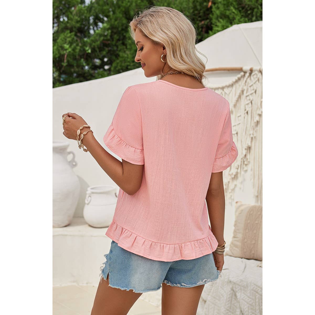 Solid V Neck Ruffle Hem Loose Fit Blouse - Elings