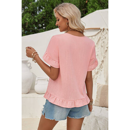 Solid V Neck Ruffle Hem Loose Fit Blouse - Elings