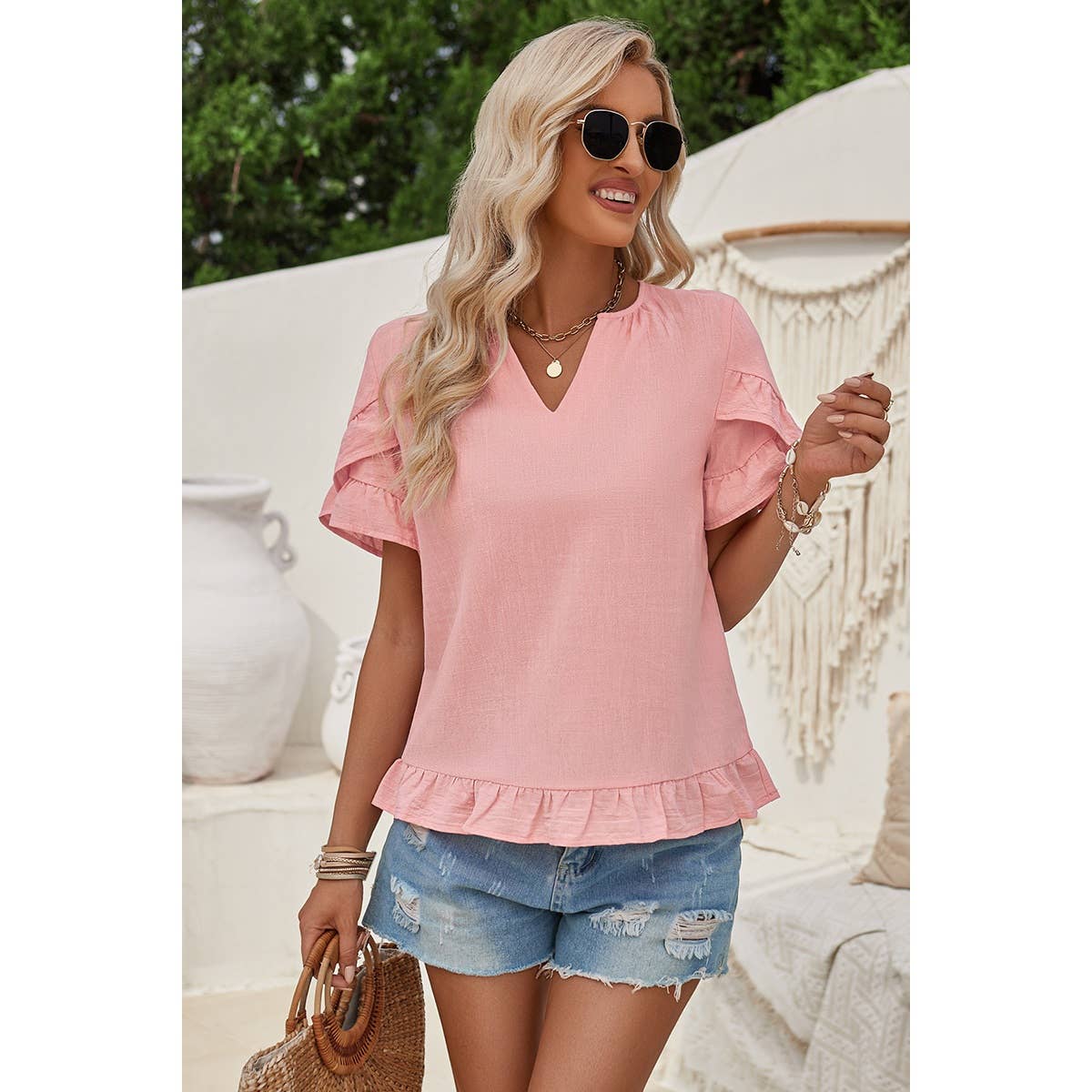 Solid V Neck Ruffle Hem Loose Fit Blouse - Elings